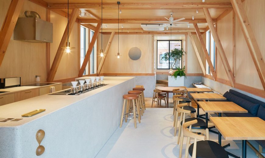 Modern Japanese Café with a Cozy Residence Above Makes a Woodsy Impression