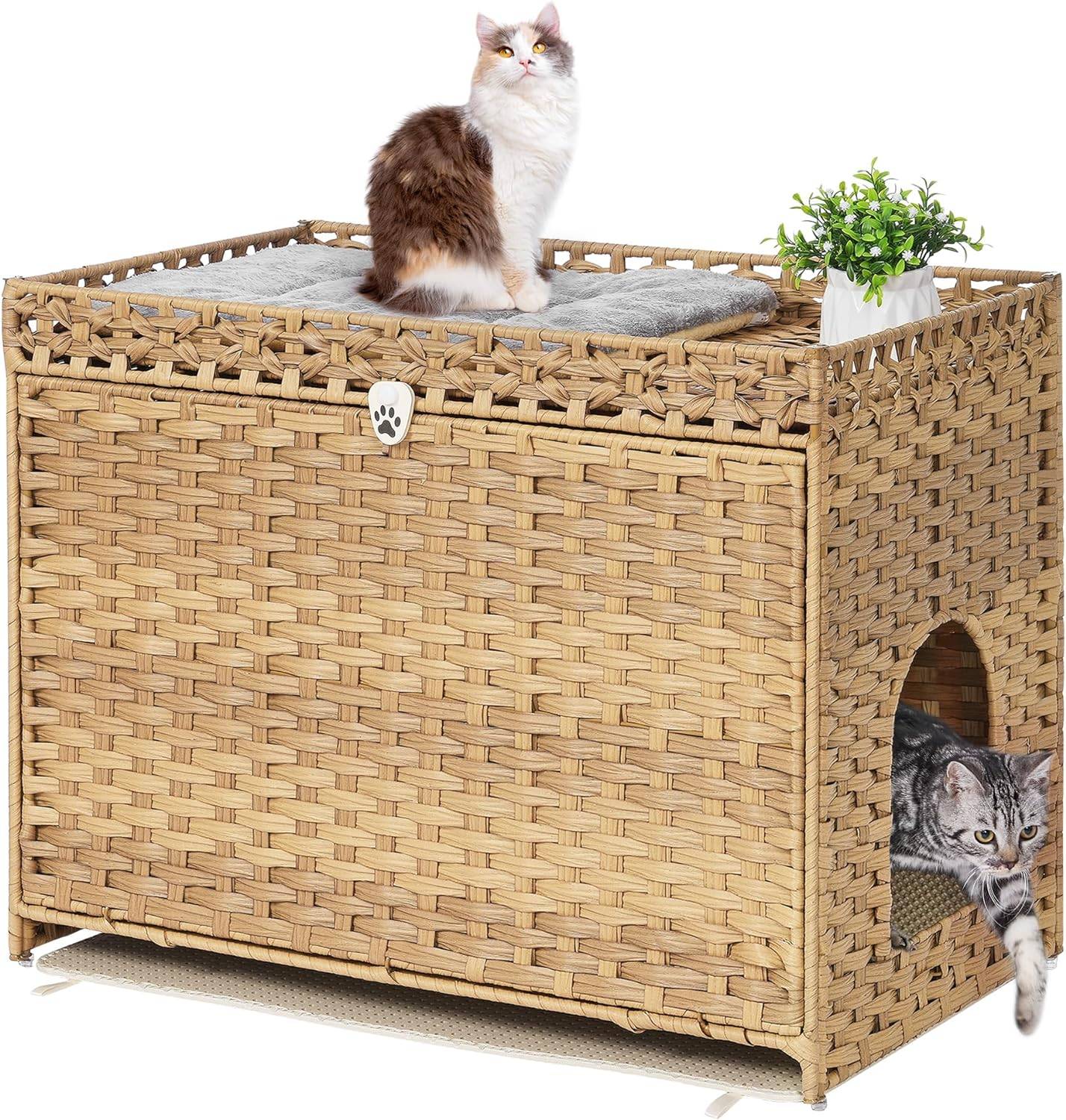 Wicker box that doubles as a litter box for cats.