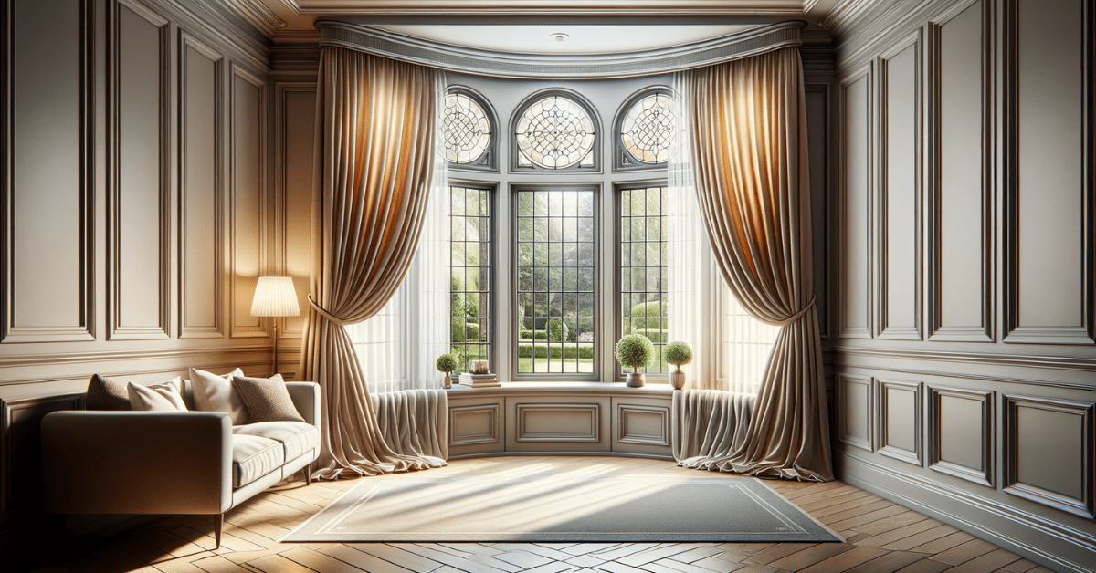 Luxurious bay window curtains with large windows.