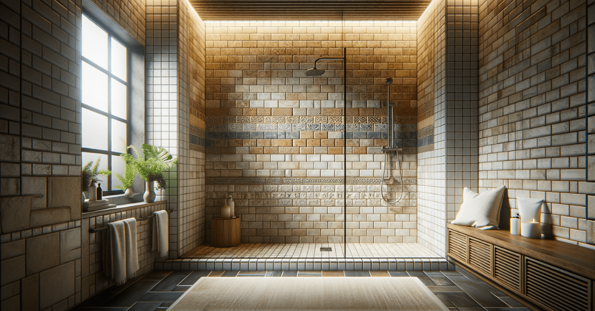 Subway tile shower in various colors and a glass shower door.